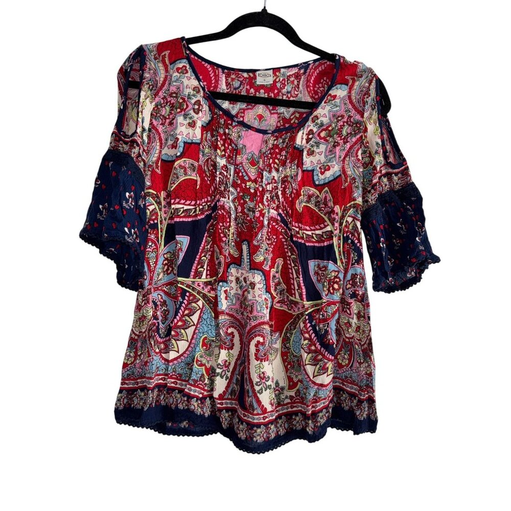 Bila Boho  Womens Floral Print Rayon Top With Lace Sleeve Details Multicolor Siz